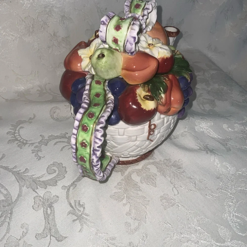 Tea For 3~Vintage 1970’s Colorful Fruit In A Basket~Ceramic Tea Pot & Three Cups